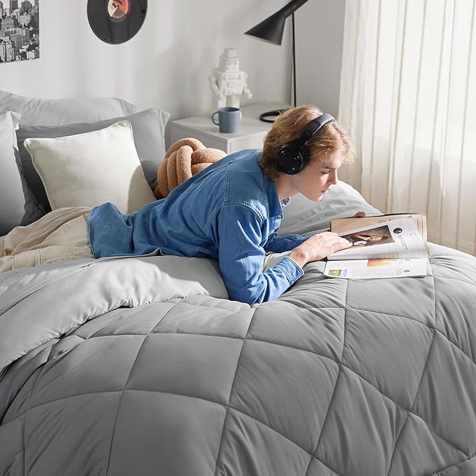 Bedsure California King Comforter Set - 7 Pieces Reversible Bed in a Bag California King with Comforters, Sheets, Pillowcases & Shams, Grey Bedding Sets - LeafyLoom