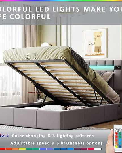 Upholstered Bed Full Size with LED light, Lift Up Storage with Bed Bluetooth Player and USB Charging, Hydraulic Storage Bed with Sturdy Slat Support, Velvet Fabric Bedframe for Kids, Adults - LeafyLoom