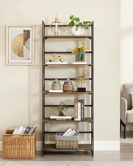 VECELO Folding Bookshelf, 5-Tier Bookcase Foldable, Industrial Tall Book Shelf Storage Organizer with Collapsible Metal Frame for Living Room/Home Office,Light Brown,1 Set - LeafyLoom