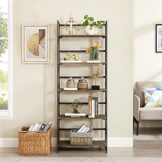 VECELO Folding Bookshelf, 5-Tier Bookcase Foldable, Industrial Tall Book Shelf Storage Organizer with Collapsible Metal Frame for Living Room/Home Office,Light Brown,1 Set - LeafyLoom