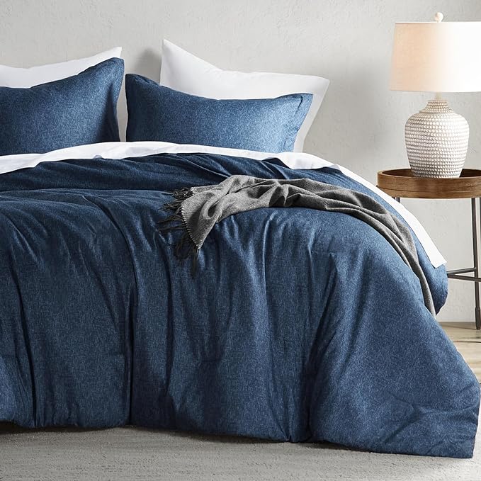 Blue King Comforter Set - Navy Soft Luxury Chambray Printed, All Season Lightweight Breathable Bedding Set, 3 Pieces Including 1 Comforter and 2 Pillow Shams - LeafyLoom