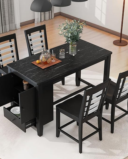 5-Piece Counter Height Wood Dining Table Set with Faux Marble Tabletop, Storage Cabinet and Drawer & 4 Matching Chairs, Black - LeafyLoom