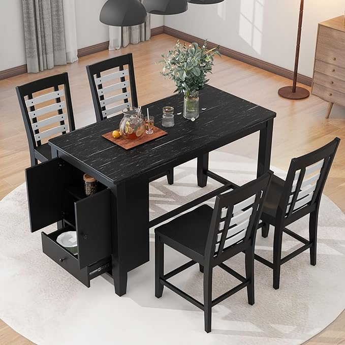 5-Piece Counter Height Wood Dining Table Set with Faux Marble Tabletop, Storage Cabinet and Drawer & 4 Matching Chairs, Black - LeafyLoom