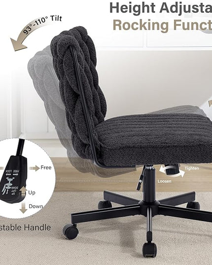 Criss Cross Legged Office Desk Chair with Wheels, Modern Armless Desk Chair with Wide Seat, Home Office Chair for Work, Meditation, Vanity, Black - LeafyLoom