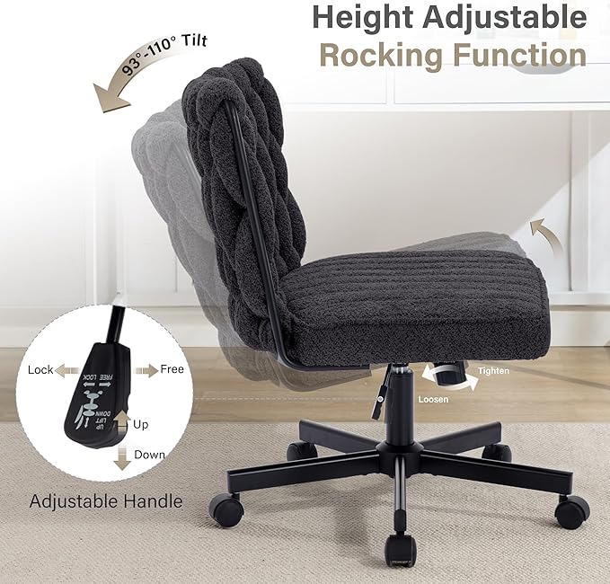 Criss Cross Legged Office Desk Chair with Wheels, Modern Armless Desk Chair with Wide Seat, Home Office Chair for Work, Meditation, Vanity, Black - LeafyLoom