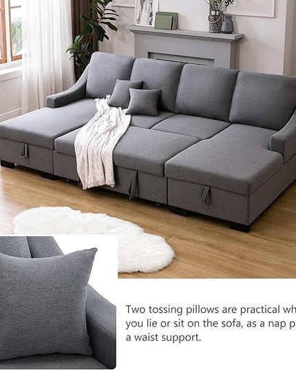 104.7" Convertible Sofa U-Shaped Storage Chaise and 2 Tossing Cushions Reversible Sectional Couch for Living Room Apartment Office, 104.7 Inch, Grey - LeafyLoom