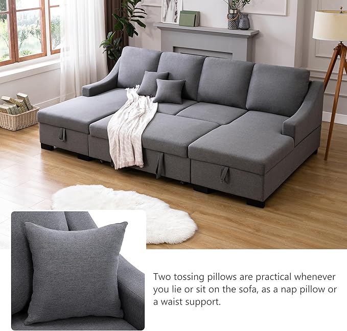 104.7" Convertible Sofa U-Shaped Storage Chaise and 2 Tossing Cushions Reversible Sectional Couch for Living Room Apartment Office, 104.7 Inch, Grey - LeafyLoom