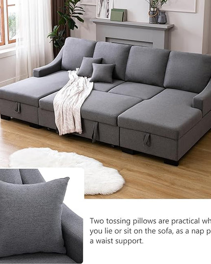 104.7" Upholstery Sleeper Sectional Sofa with Double Storage Chaise and 2 Tossing Cushions, U-Shaped Corner Couch w/Pulled Out Bed for Living Room, Apartment and Office, Grey, 104.7 Inch - LeafyLoom