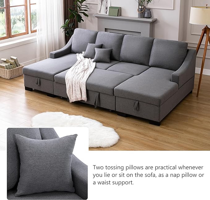 104.7" Upholstery Sleeper Sectional Sofa with Double Storage Chaise and 2 Tossing Cushions, U-Shaped Corner Couch w/Pulled Out Bed for Living Room, Apartment and Office, Grey, 104.7 Inch - LeafyLoom