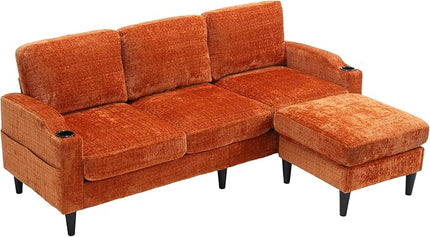 Convertible Sectional Sofa with Movable Storage Ottoman and Cupholders, 3 Seater L-Shaped Corner Couch,Chenille Upholstered Furniture w/Detachable Thicked Cushions for Living Room, Small Space - LeafyLoom