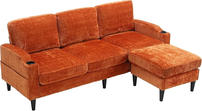 Convertible Sectional Sofa with Movable Storage Ottoman and Cupholders, 3 Seater L-Shaped Corner Couch,Chenille Upholstered Furniture w/Detachable Thicked Cushions for Living Room, Small Space - LeafyLoom