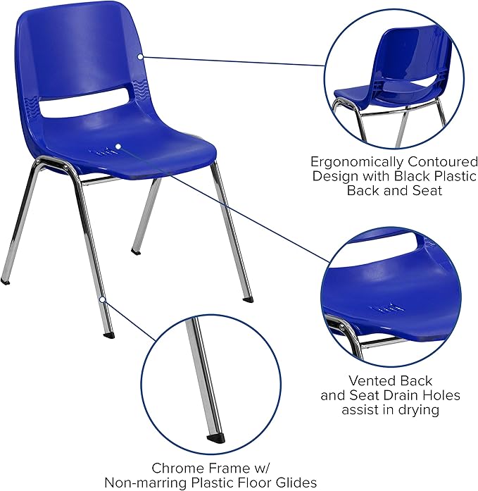Flash Furniture HERCULES Series 661 lb. Capacity Navy Ergonomic Shell Stack Chair with Chrome Frame and 16'' Seat Height - LeafyLoom