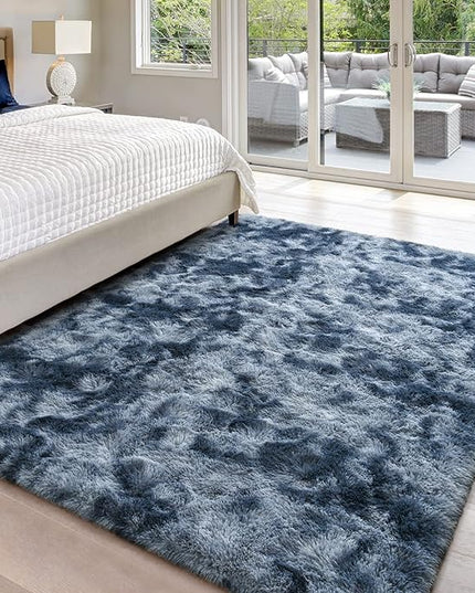5x8 Large Area Rugs for Living Room, Super Soft Fluffy Modern Bedroom Rug, Tie-Dyed Blue Grey Indoor Shag Fuzzy Carpets for Girls Kids Nursery Room Home Decor - LeafyLoom