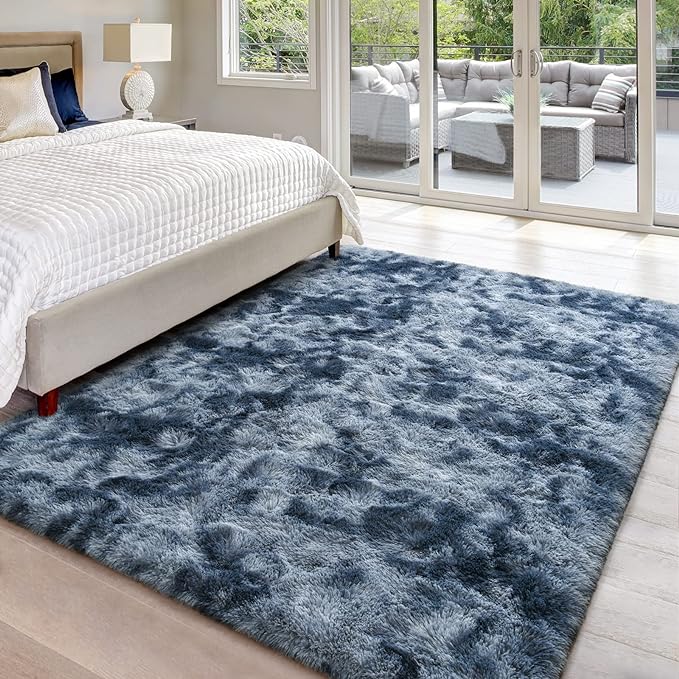 5x8 Large Area Rugs for Living Room, Super Soft Fluffy Modern Bedroom Rug, Tie-Dyed Blue Grey Indoor Shag Fuzzy Carpets for Girls Kids Nursery Room Home Decor - LeafyLoom