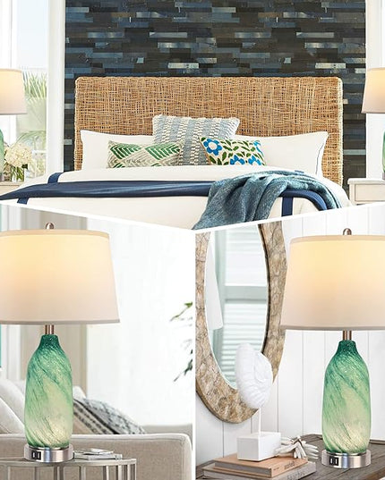 Contemporary Lake Green Glass Table Lamp with 2 USB Ports, 24.5'' Bedside Lamps Built in LED Nightlight with White Shade Coastal Modern Style Nightstand Lamp for Living Room Bedroom Office Décor - LeafyLoom