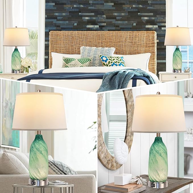 Contemporary Lake Green Glass Table Lamp with 2 USB Ports, 24.5'' Bedside Lamps Built in LED Nightlight with White Shade Coastal Modern Style Nightstand Lamp for Living Room Bedroom Office Décor - LeafyLoom