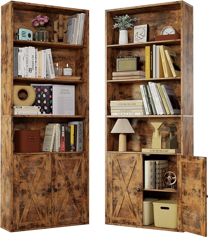 IRONCK Industrial Bookshelves and Bookcases with Doors Set of 2 Floor Standing 6 Shelf Display Storage Shelves 70 in Tall Bookcase for Home Office, Living Room - LeafyLoom