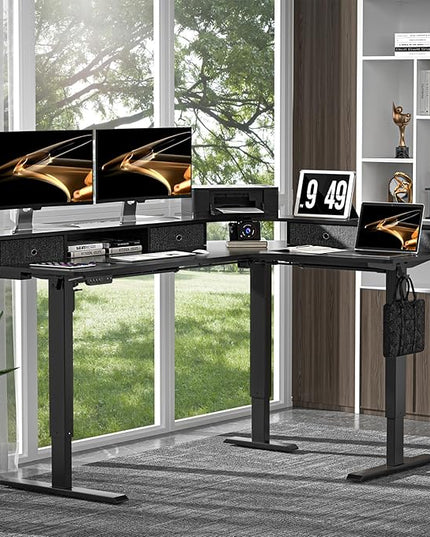 L Shape Standing Desk, 67 * 48 Inches Adjustable Height Standing Desk with 4 Drawers, Corner Electric Standing Desk with Monitor Stand for Home Office, Classic Black - LeafyLoom