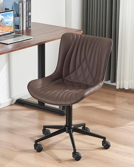 YOUNIKE Office Chair, Armless Desk Chair with Wheels, Home Office Computer Task Chairs, Modern Faux Leather Upholstered Vanity Chair, Adjustable Swivel Rocking Chair with Back, Espresso Brown - LeafyLoom