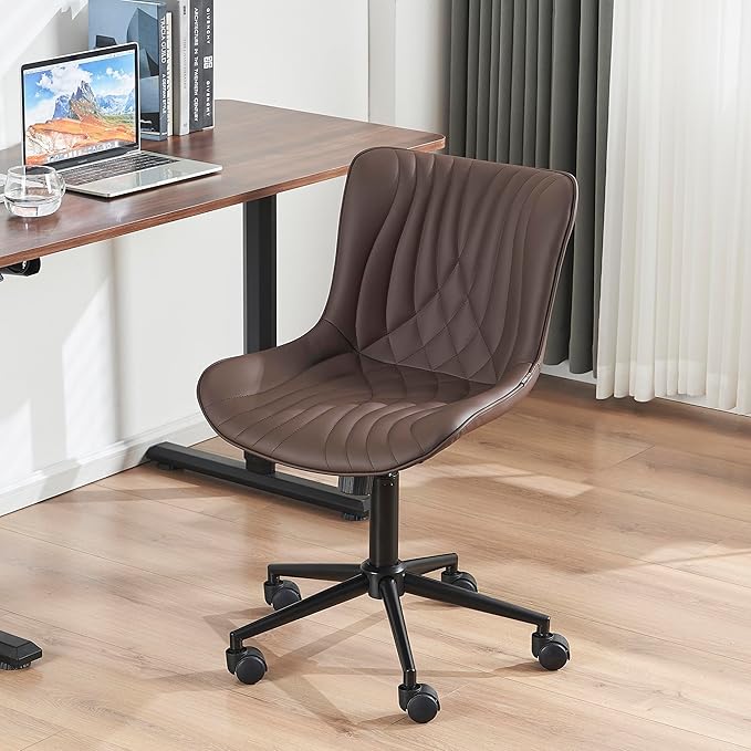 YOUNIKE Office Chair, Armless Desk Chair with Wheels, Home Office Computer Task Chairs, Modern Faux Leather Upholstered Vanity Chair, Adjustable Swivel Rocking Chair with Back, Espresso Brown - LeafyLoom