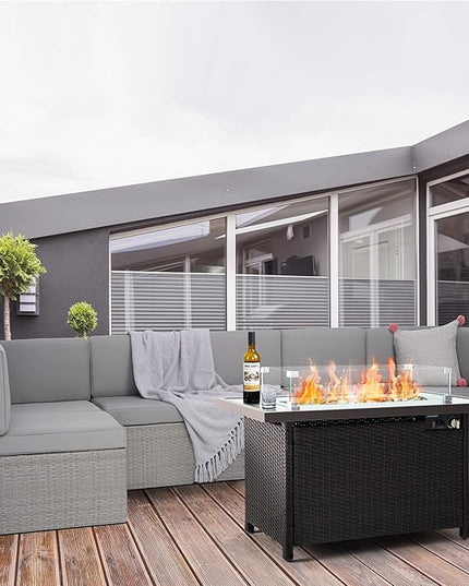 Pamapic 8 Pieces Patio Conversation Sets with fire Pit, Patio Furniture Sectional Sofa with Gas Fire Pit Table(Grey Wicker,Grey Cushions) - LeafyLoom