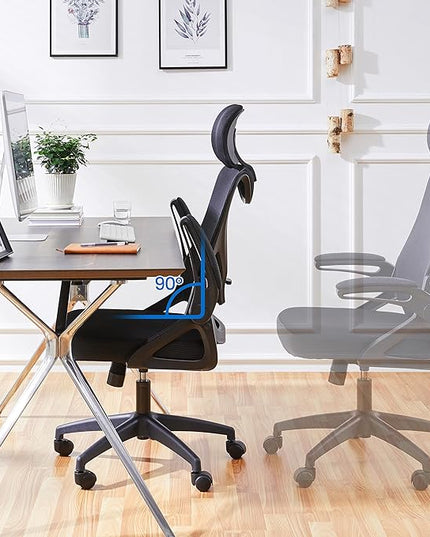 Yaheetech Ergonomic Office Chair, High Back Desk Chair with with flip-up Armrests, Adjustable Padded Headrest Mesh Computer Chair with Lumbar Support for Home Office Meeting Room, Black - LeafyLoom