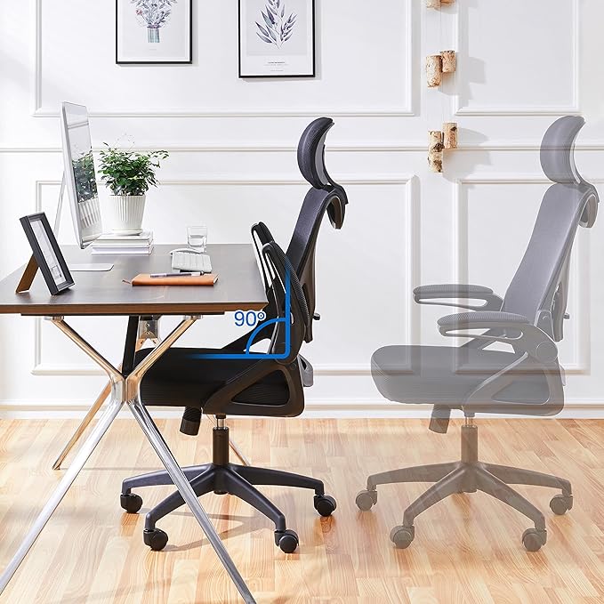 Yaheetech Ergonomic Office Chair, High Back Desk Chair with with flip-up Armrests, Adjustable Padded Headrest Mesh Computer Chair with Lumbar Support for Home Office Meeting Room, Black - LeafyLoom