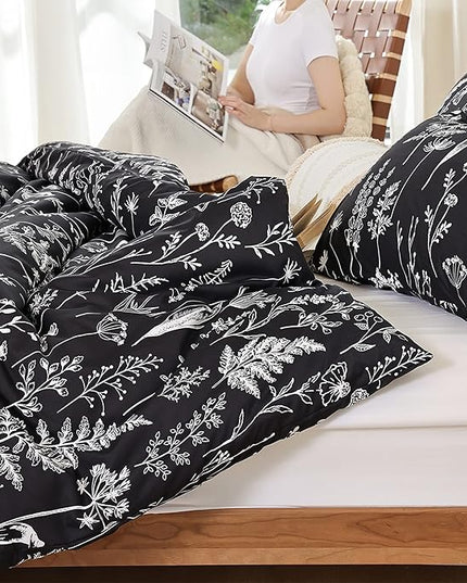 JANZAA 3pcs Black Comforter Sets King, Soft Microfiber Bedding Plant Printed on Black Comforter with 2 Pillow Cases for All Seasons(King) - LeafyLoom
