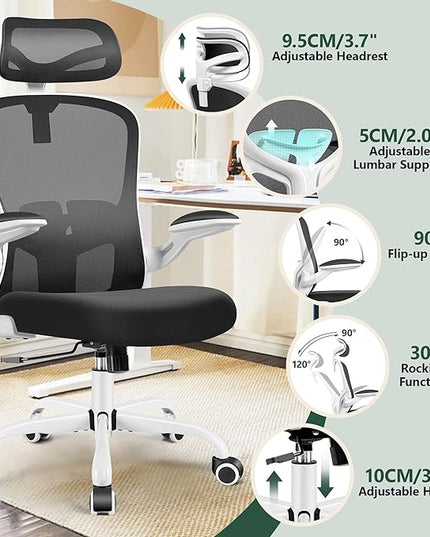 FelixKing Office Chair with Headrest, Home Office Desk Chairs with Flip-Up Armrests, Adjustable Height Ergonomic Office Chair Lumbar Support, Mesh Backrest Computer Chair (White) - LeafyLoom
