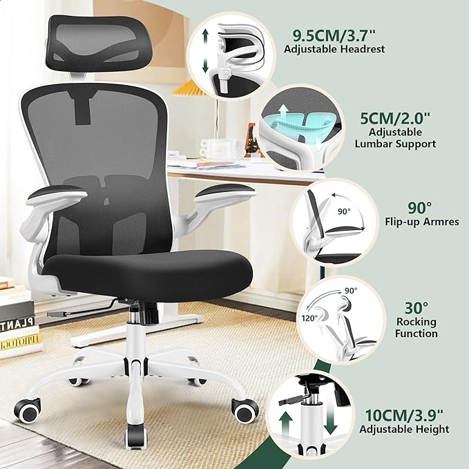 FelixKing Office Chair with Headrest, Home Office Desk Chairs with Flip-Up Armrests, Adjustable Height Ergonomic Office Chair Lumbar Support, Mesh Backrest Computer Chair (White) - LeafyLoom