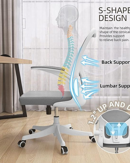 Office Chair - Ergonomic Office Chair with Lumbar Support & Flip Up Arms Home Office Desk Chairs Rockable Swivel High Back Computer Chair White Frame Grey Mesh Study Chair - LeafyLoom