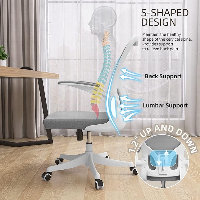Office Chair - Ergonomic Office Chair with Lumbar Support & Flip Up Arms Home Office Desk Chairs Rockable Swivel High Back Computer Chair White Frame Grey Mesh Study Chair - LeafyLoom