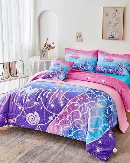 URBONUR 6Pcs Purple Blue Comforter Set Queen Size for Girls Bed in a Bag Queen Bedding Set with Comforter and Sheets Set, Gradient Mermaid Tail Printed Bed Sets for Teens Girls Women - LeafyLoom