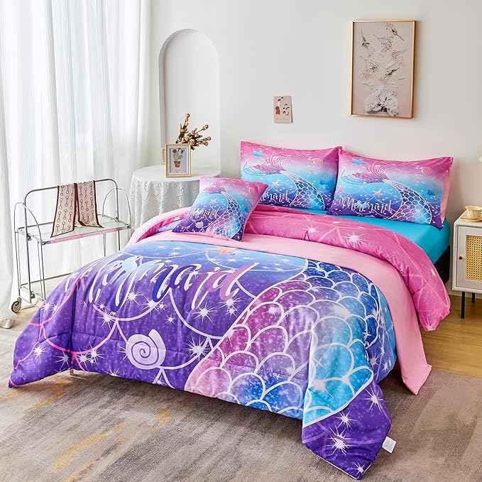 URBONUR 6Pcs Purple Blue Comforter Set Queen Size for Girls Bed in a Bag Queen Bedding Set with Comforter and Sheets Set, Gradient Mermaid Tail Printed Bed Sets for Teens Girls Women - LeafyLoom