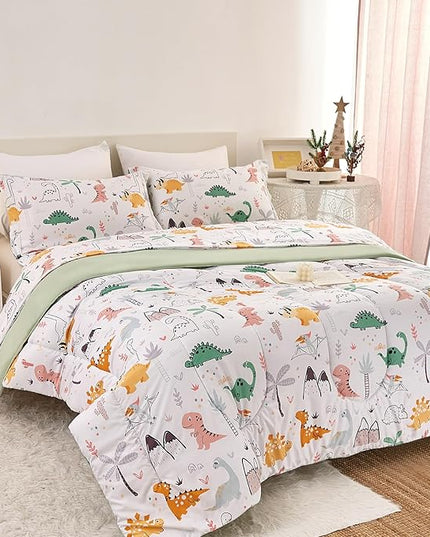 Dinosaur Kids Comforter Set for Boys Twin, Cute Reversible Quilted Dino Printed Bedding Set with Pillow Sham, Lightweight Soft Breathable Machine Washable Bed Set 2 Piece - LeafyLoom