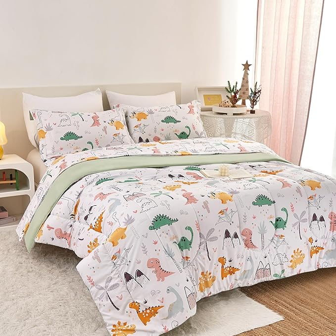 Dinosaur Kids Comforter Set for Boys Twin, Cute Reversible Quilted Dino Printed Bedding Set with Pillow Sham, Lightweight Soft Breathable Machine Washable Bed Set 2 Piece - LeafyLoom