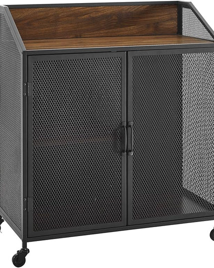 Walker Edison Malcomb Urban Industrial Metal Mesh Double Door Rolling Bar Cabinet, 33 Inch, Dark Walnut - LeafyLoom