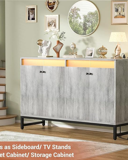Aheaplus Sideboard Buffet Cabinet with Power Outlet, Kitchen Storage Cabinet with LED Light & Doors, Accent Cabinet Cupboard Buffet Table with Storage for Dining Room, Living Room, Hallway, White Oak - LeafyLoom