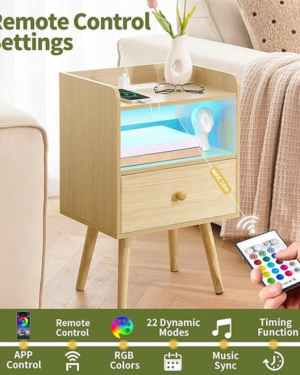 Yoobure Nightstand with Charging Station, Modern Night Stand with LED Lights, Wood Nightstands with Fabric Drawer & Storage Shelf, Night Stands Bedside Table with USB Ports for Bedroom, Office, Home - LeafyLoom