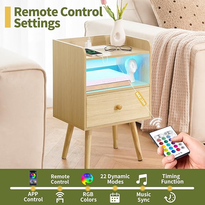 Yoobure Nightstand with Charging Station, Modern Night Stand with LED Lights, Wood Nightstands with Fabric Drawer & Storage Shelf, Night Stands Bedside Table with USB Ports for Bedroom, Office, Home - LeafyLoom