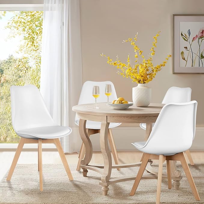 OLIXIS Dining Chairs Set of 4 Mid-Century Modern Dinning Chairs, Living Room Bedroom Outdoor Lounge Chair PU Leather Cushion and Wood Legs, White - LeafyLoom