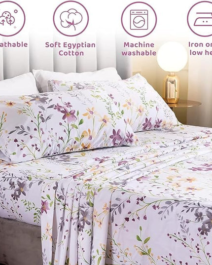 QSH Wild Floral Printed Bed Sheets Egyptian Cotton Yellow Flower Botanical Pattern King Size Sheets Extra Deep Pocket 17.5" - LeafyLoom