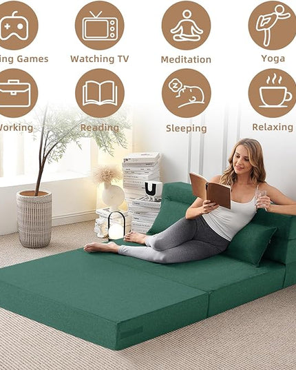 Convertible Folding Sofa Bed-Sleeper Chair with Pillow, Modern Linen Fabric Floor & Futon Couch, Foldable Mattress for Living Room/Dorm/Guest Use/Home Office/Apartment, Queen Size,Dark Green - LeafyLoom