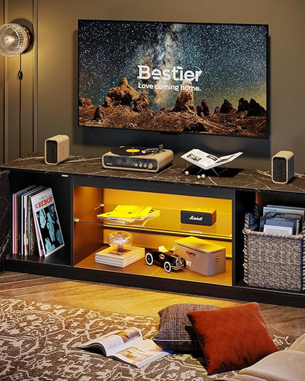 Bestier LED TV Stand for 55/60/65 Inch TV, Gaming Entertainment Center with Cabinet for PS5, Modern TV Cabinet with Adjustable Glass Shelves for Living Room, Bedroom 58 Inch,Black Marble - LeafyLoom