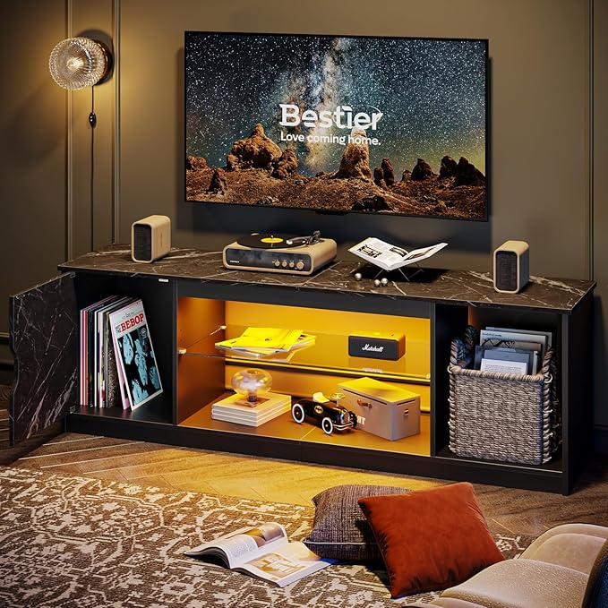Bestier LED TV Stand for 55/60/65 Inch TV, Gaming Entertainment Center with Cabinet for PS5, Modern TV Cabinet with Adjustable Glass Shelves for Living Room, Bedroom 58 Inch,Black Marble - LeafyLoom