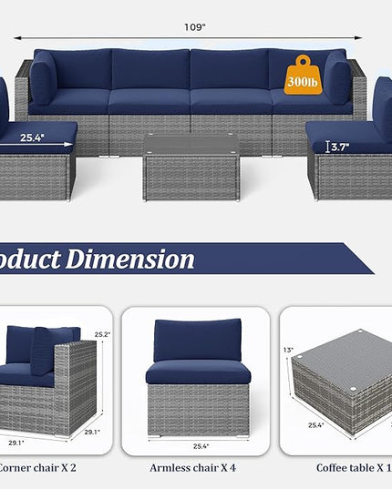 SUNVIVI OUTDOOR 7 Piece Patio Furniture Sets All Weather Grey PE Wicker Couch Sofa with Glass Table, Removable Navy Blue Cushions - LeafyLoom