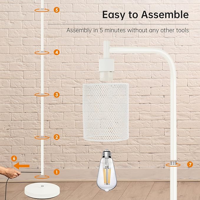 BoostArea White Industrial Floor Lamp, 67 Inch Modern Standing Lamp with Iron Mesh Lampshade, 6W LED Stand Up Lamp for Living Room, Bedroom, Office, Den - LeafyLoom
