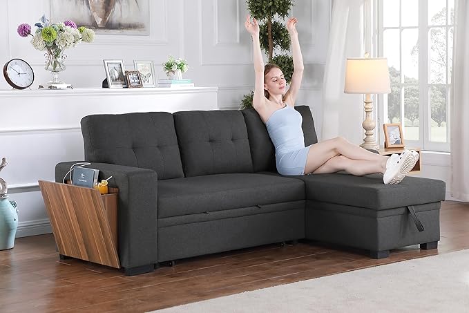 L Shaped Pull Out Couch with Storage Chaise & 3 Removable Back Cushions,Linen Upholstered Sectional Sleeper Sofa Bed W/Side Open Cup Holder&USB Port for Living Room,Office,Dark Grey,92" - LeafyLoom