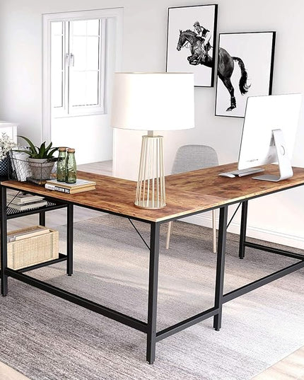 BANTI L Shape Computer Desk with Storage Shelf Study Writing Table for Home Office, Modern Simple Style PC Desk, Black Metal Frame - LeafyLoom