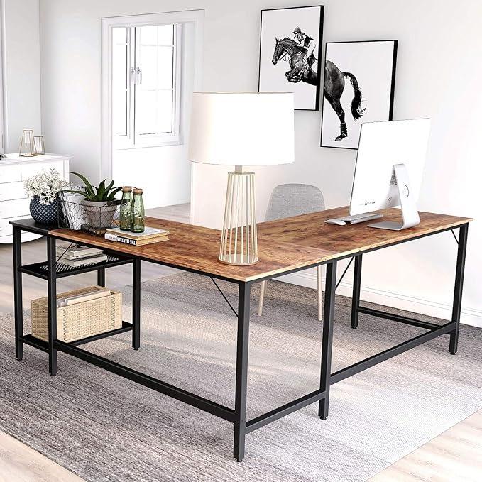 BANTI L Shape Computer Desk with Storage Shelf Study Writing Table for Home Office, Modern Simple Style PC Desk, Black Metal Frame - LeafyLoom